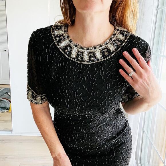 Vintage 80s Silk Beaded Sheath Dress, Formal, Black Tie Cocktail Kazar Blk/Gld - Picture 1 of 16